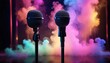 © 4K_Heaven - An atmospheric image of a microphone standing on an empty stage, surrounded by colorful smoke and shimmering lights, evoking a sense of mystery and excitement for the performers to come, Generative AI