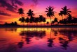 © Yaroslava - vibrant tropical beach sunset majestic palm silhouettes reflecting calm waters under soft golden sky, colors, sand, reflection, light, clouds, tree, horizon