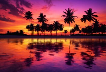 vibrant tropical beach sunset majestic palm silhouettes reflecting calm waters under soft golden sky, colors, sand, reflection, light, clouds, tree, horizon