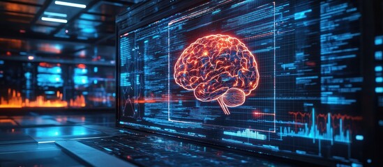 Wall Mural - close-up of a laptop screen displaying a digital brain with a blue and red background.