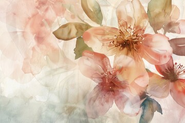 Wall Mural - Soft watercolor flowers blend harmoniously, showcasing delicate petals in gentle hues that evoke tranquility and natural elegance. Generative AI