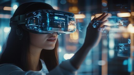 A Woman Experiencing Virtual Reality with Futuristic Interface