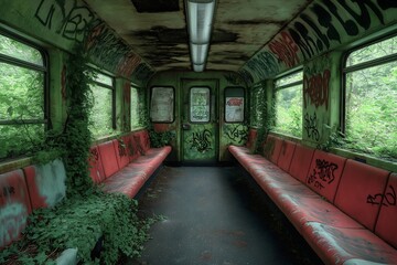 Old abandoned train metro covered in graffiti overgrown with weeds derelict.