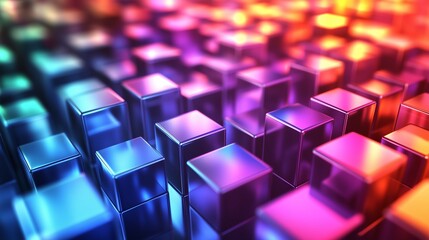 Poster - Colorful illuminated cubes create a vibrant abstract pattern in a digital landscape during a nighttime setting