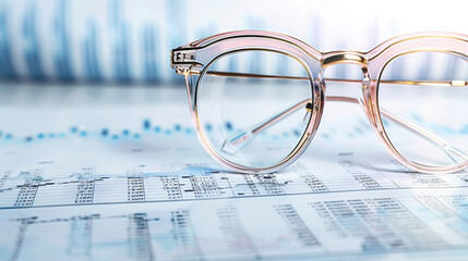 A close-up of stylish eyeglasses resting on a financial document, symbolizing analysis, insight, and attention to detail in data assessment.