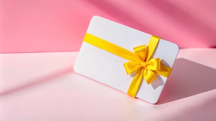 White gift with yellow ribbon on pink background. 