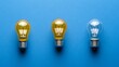 © Mark - In a modern context, a composition of three light bulbs on a blue background illustrate themes of brightness, creativity, and innovation.