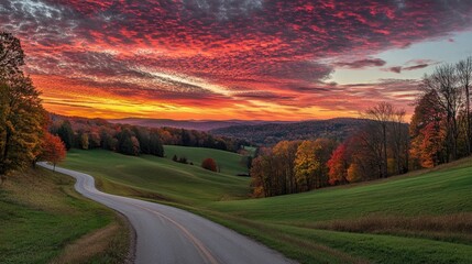 A stunning landscape with rolling hills, a curving road, and a vibrant sunset sky, capturing the peaceful beauty of nature