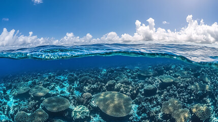 Wall Mural - blue ocean surface seen from underwater: a view from underwater looking up at the blue ocean surface