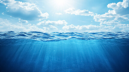 blue sea or ocean water surface and underwater with sunny and cloudy sky: a split view featuring the