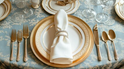 A refined table setting with gold-rimmed plates, cutlery, and napkins, with ample space for text. Top view