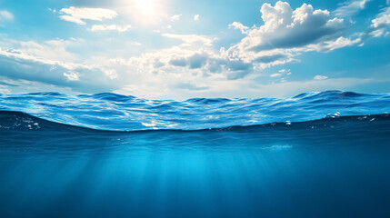 blue sea or ocean water surface and underwater with sunny and cloudy sky: a split view featuring the