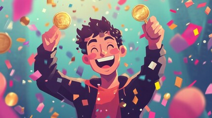 Cheerful cartoon figure holding a gold medal, surrounded by confetti and celebrating a big victory