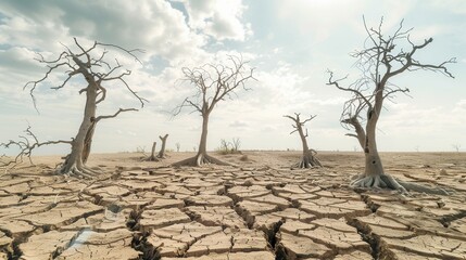 Wall Mural - a barren landscape features dead trees atop cracked soil, showcasing the severe effects of drought a