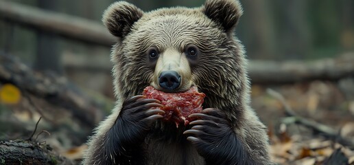 Wall Mural - close-up of a brown bear cub eating meat in a forest.