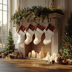 A beautifully decorated fireplace mantel adorned with Christmas stockings, pine cones, and festive greenery creates warm and inviting holiday atmosphere. soft glow of candles and twinkling lights enha