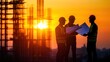 © Somboon - Engineers standing in silhouette, holding blueprints and discussing the project as the sun sets behind a blurry construction site