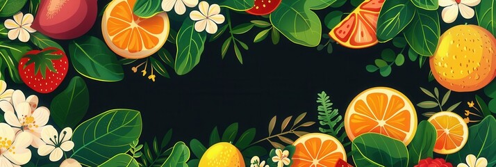 Leinwandbilder - Bright oranges, strawberries, and flowers create a lively border, highlighting the beauty of fresh produce and floral elements. Generative AI