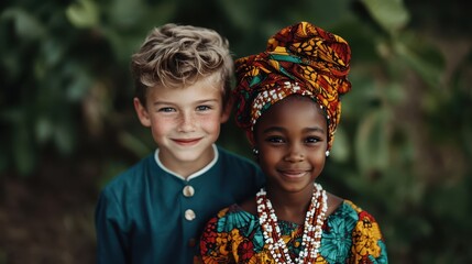 Two children, one with blonde hair and the other African, dressed in colorful traditional attire, smiling warmly against a green natural backdrop.