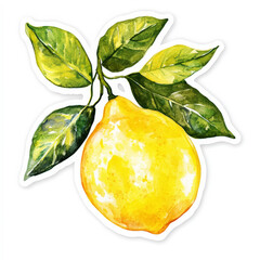 Wall Mural - Watercolor single lemon sticker icon. Hand drawn ripe lemon branch with green leaves on white background. Generative AI