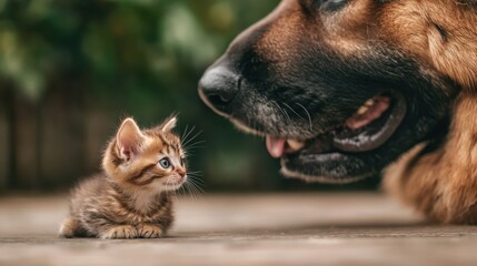 A tiny kitten and a large dog facing each other, showing a moment of gentle curiosity and potential friendship in a serene outdoor setting with vibrant colors.