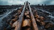 © Maximages  - Front view of old wooden rails placed over a muddy pile of bricks, surrounded by silhouettes in the background, symbolizing industry and perseverance in bleakness.