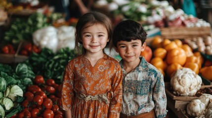 Two happy siblings pose in a traditional market surrounded by a colorful array of fresh vegetables, capturing the essence of culture and familial joy.