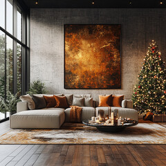 A modern living room featuring minimalist Christmas tree and elegant decor, creating warm and inviting atmosphere. stylish sofa and artistic wall enhance festive spirit