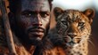 © Maximages  - A warrior, marked with tribal patterns, gazes fiercely with a leopard beside, capturing a moment of alliance and strength in the wild, under natural light.