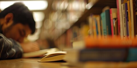 a student studying in a library, focusing on book