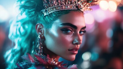 An elegantly styled woman in a vibrant setting, adorned with an intricate crown, exuding beauty and regality amidst an atmosphere of vivid colors and lights.