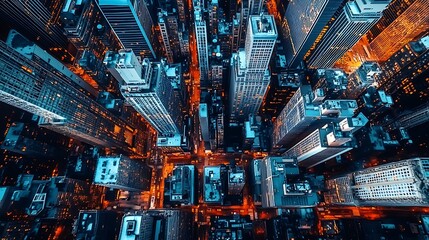 Aerial view of a city at night with skyscrapers, buildings, streets, and lights.