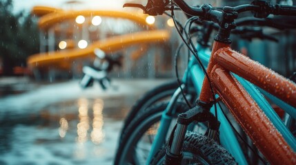 Close-up of colorful wet bicycles parked under rain with glowing background, highlighting elements of adventure, exploration, and the fun of outdoor activities.