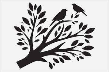 A tree branch with small leaves and two birds.