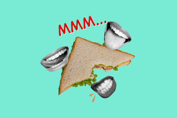 Creative photo collage image face fragments mouth psychedelic concept sandwich lunch food bread loafs nutrition food dieting