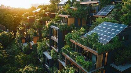 Wall Mural - eco-friendly residential complex with energy-efficient homes adorned with green balconies rooftop gardens and solar panels emphasizing sustainable urban living and modern green architecture