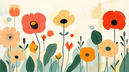 Abstract floral illustration with red, orange, and yellow flowers