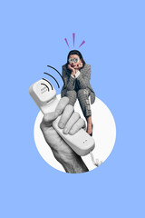 Canvas Print - Vertical photo collage of overworked girl hypnosis eyes telephone handset support call center brainwash isolated on painted background