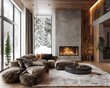 © matucha12 - Modern minimalist living room interior with panoramic windows and fireplace. Winter landscape