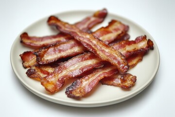 Crisp bacon strips fanned out on a clean plate, ready for breakfast!