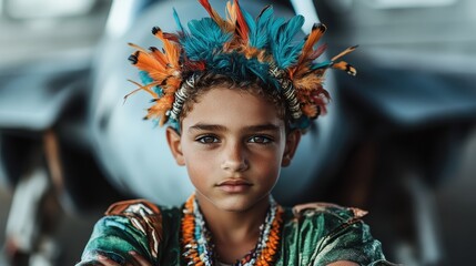 A child, confidently covered in a flamboyant feathered headpiece and cultural attire, stands proudly in front of a jet, blending tradition with modernity.