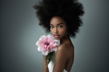 A female model poses elegantly holding a vibrant pink flower against a soft grey background