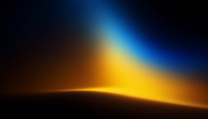 Wall Mural - Defocused blue yellow orange radiance soft texture on dark black abstract empty space background. Neon blur glow. Color light overlay. Copy space.