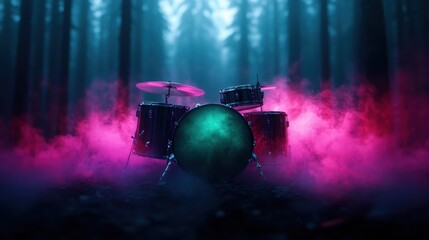 A drum set is placed in a mysteriously enchanting forest, surrounded by colorful pink and blue smoke creating a mystical and magical ambiance.