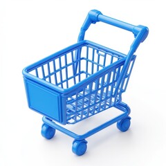 Bright blue shopping cart against a clean white background, ideal for e-commerce websites, marketing materials, and retail advertising to symbolize shopping and consumerism,