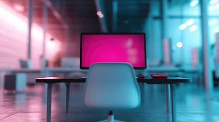 A sleek, modern office setup featuring a glowing pink computer screen, with a minimalistic design and LED lighting prominently showcased in the background.