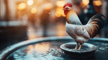 A majestic rooster stands on a water basin, highlighted by a soft bokeh effect in the background, embodying elegance and charm under warm light.