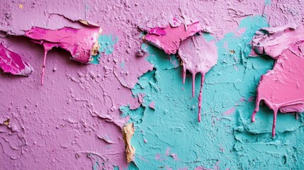 A vibrant wall featuring abstract textures of peeling pink and teal paint, creating an artistic backdrop with a blend of modern and vintage aesthetic elements.