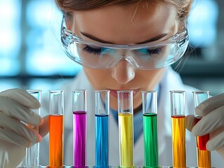 Scientist in Bright Laboratory Examining Test Tubes