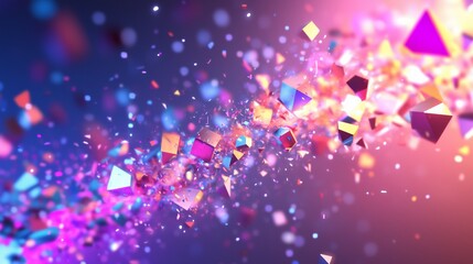 Sticker - Colorful abstract geometric shapes and particles swirling in a vibrant array of light and color during a digital art display